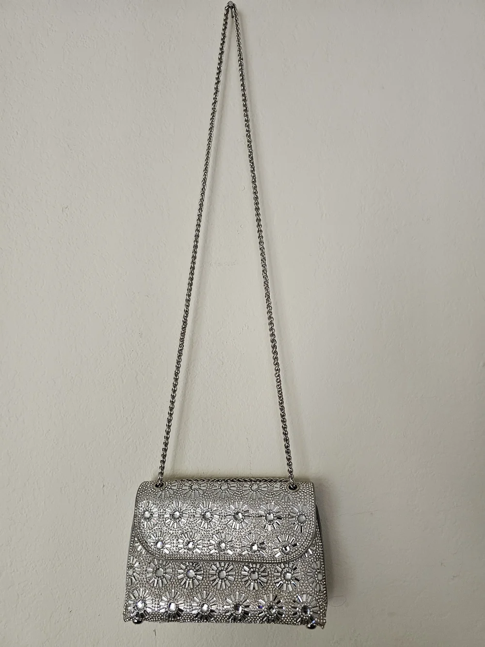 Rhinestone Embellished Silver Evening Clutch with Chain